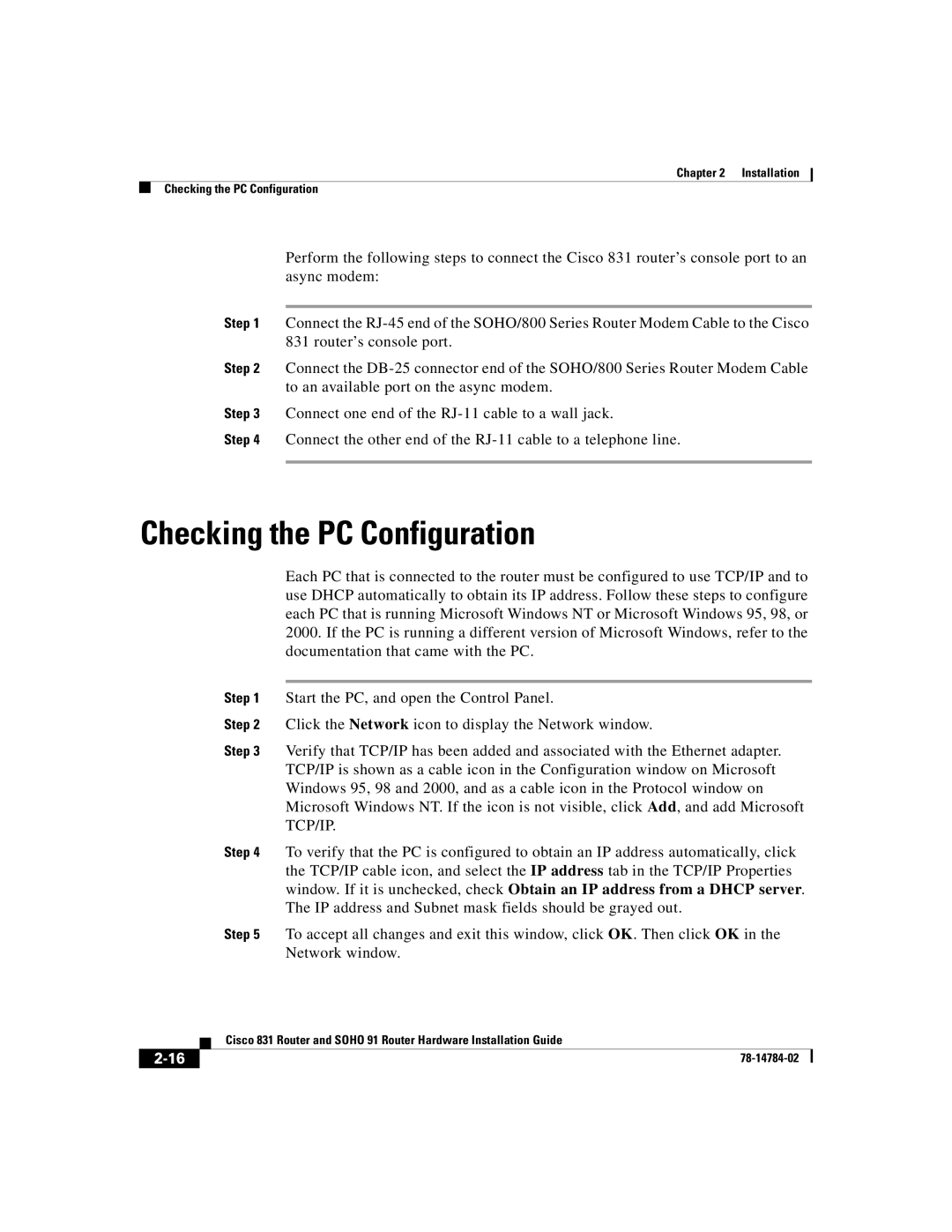 Cisco Systems Cisco 831 manual Checking the PC Configuration 