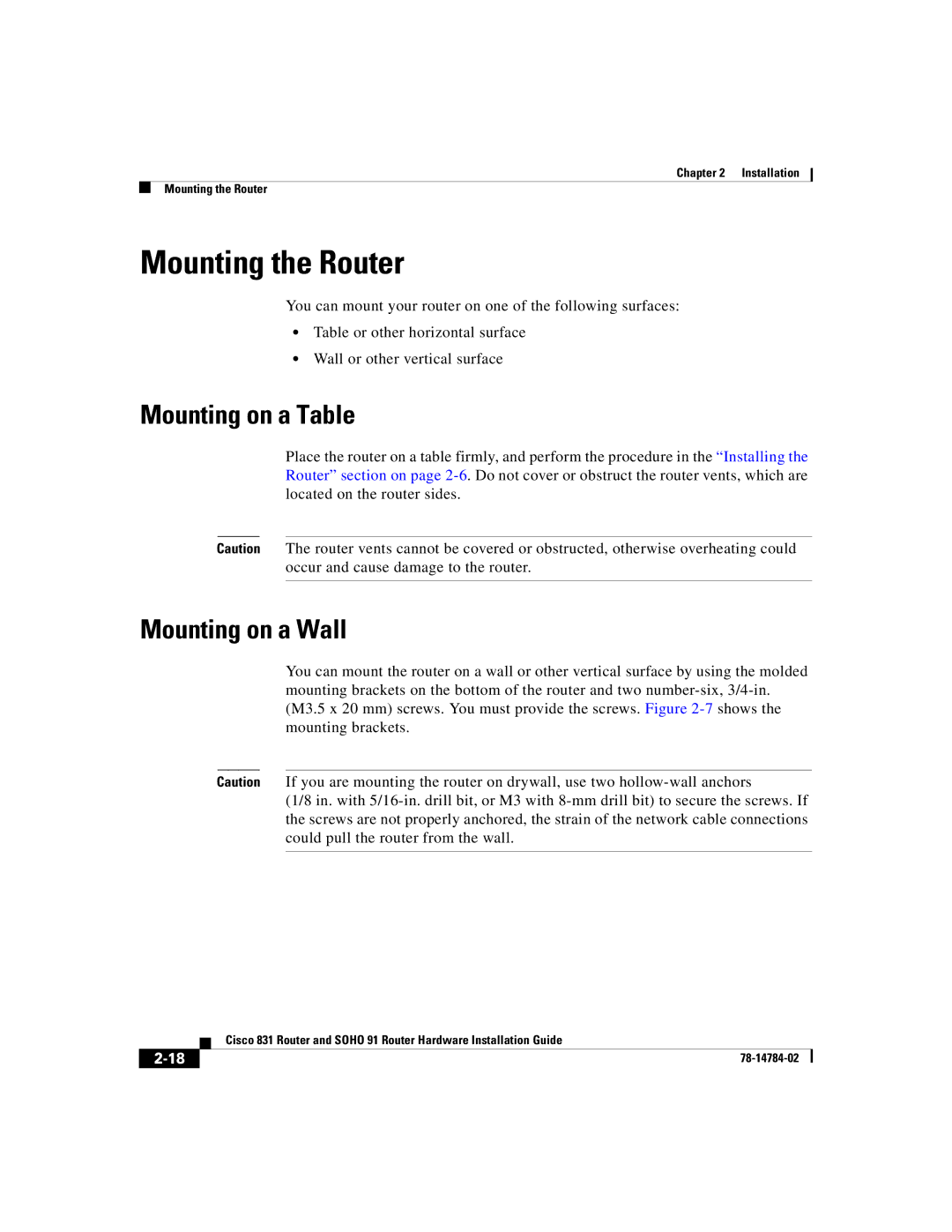 Cisco Systems Cisco 831 manual Mounting the Router, Mounting on a Table, Mounting on a Wall 