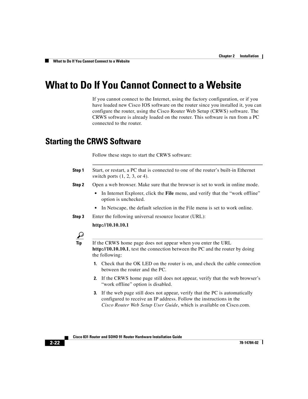 Cisco Systems Cisco 831 manual What to Do If You Cannot Connect to a Website, Starting the Crws Software 