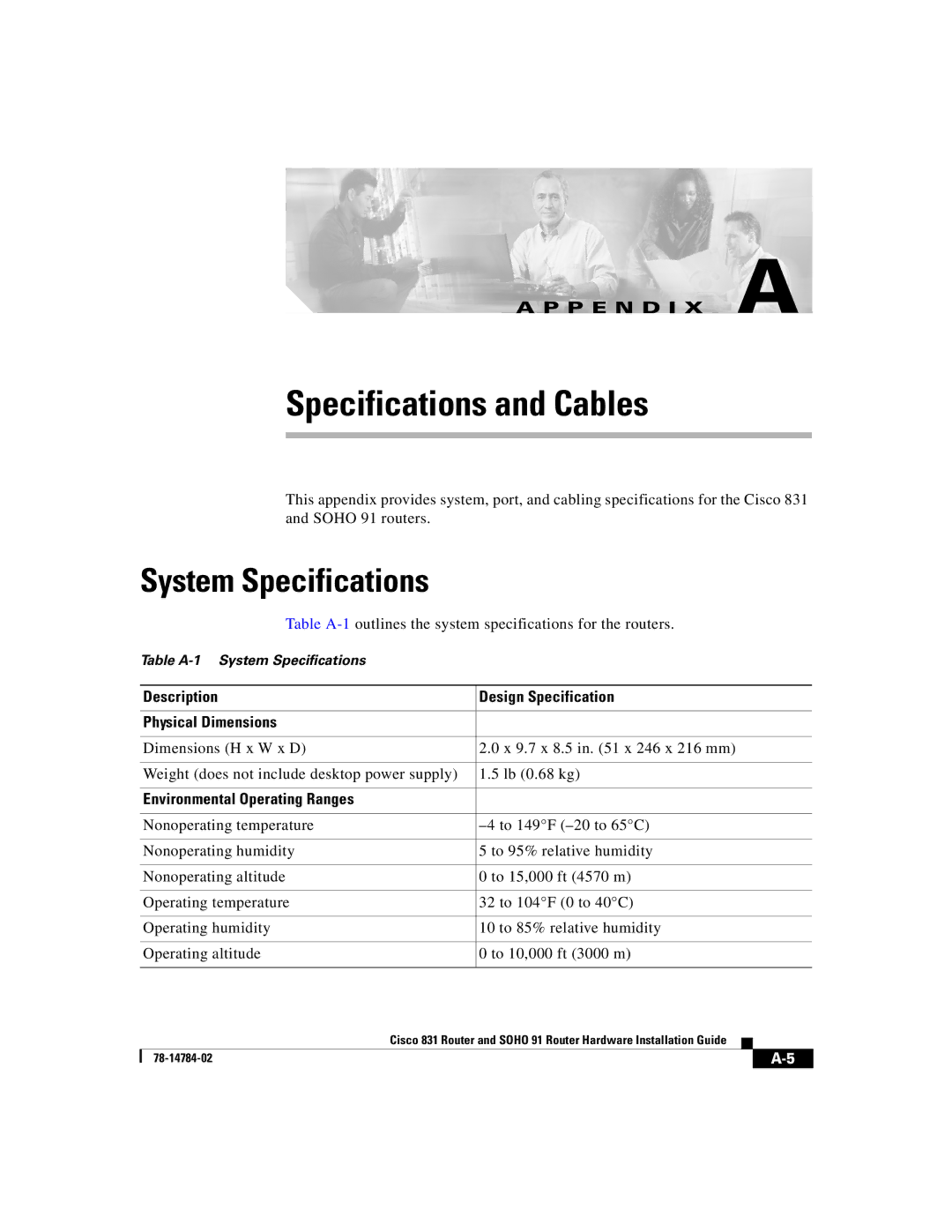 Cisco Systems Cisco 831 manual System Specifications, Description Design Specification Physical Dimensions 