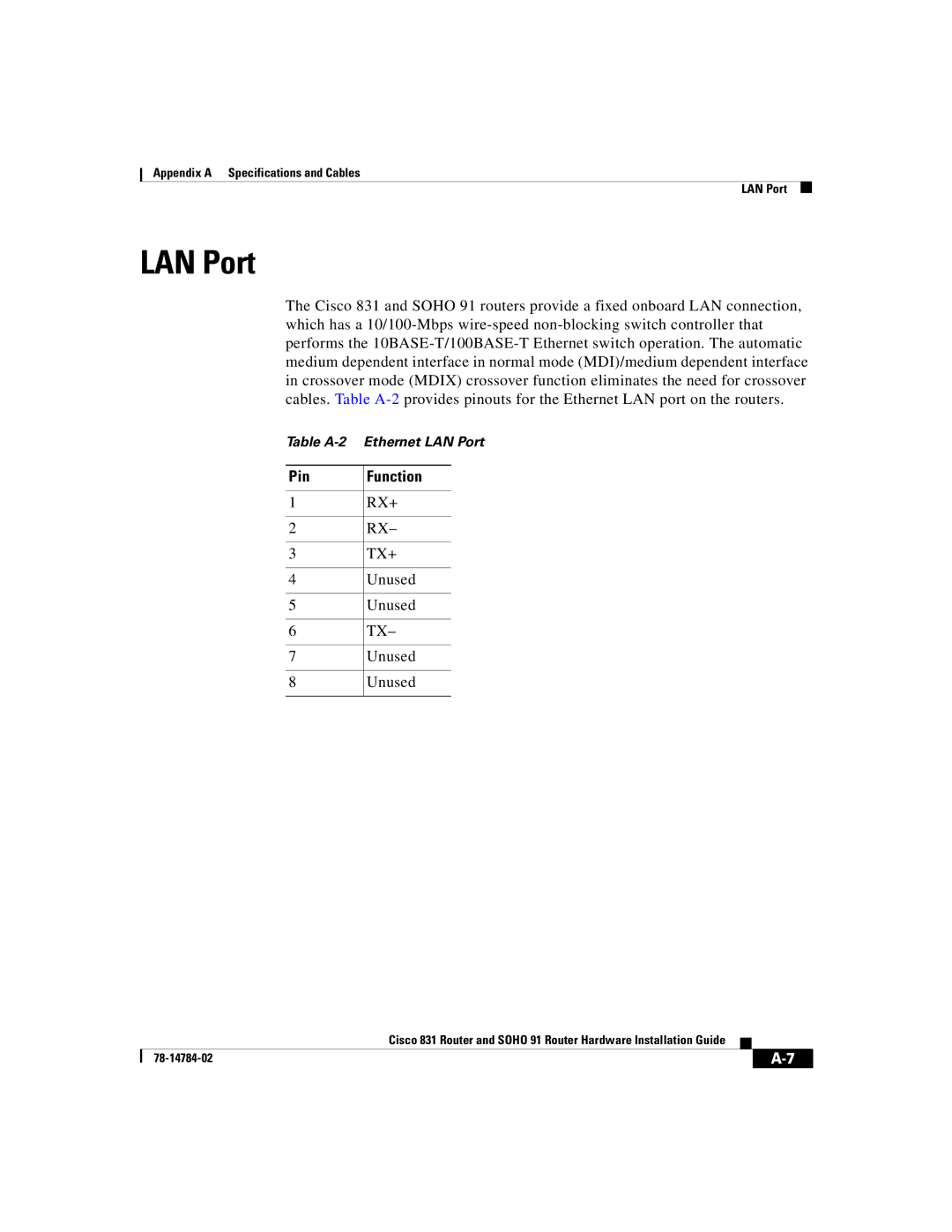 Cisco Systems Cisco 831 manual LAN Port, Pin Function, Rx+, Tx+ 