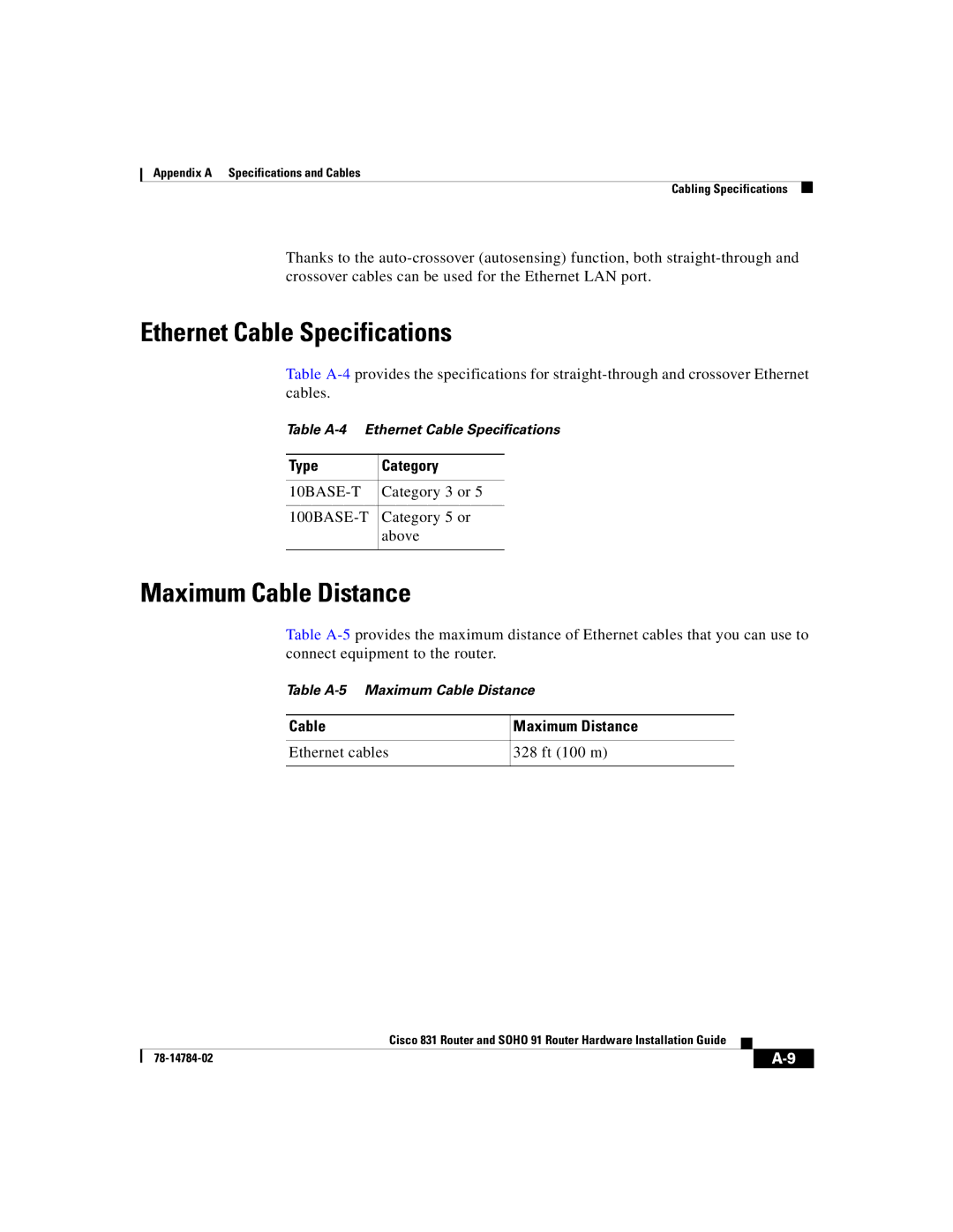 Cisco Systems Cisco 831 manual Ethernet Cable Specifications, Maximum Cable Distance, Type Category, 10BASE-T 