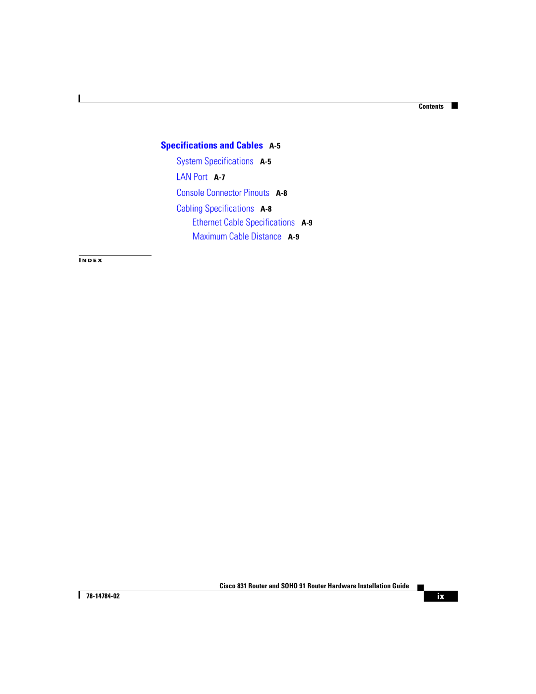 Cisco Systems Cisco 831 manual Specifications and Cables A-5 