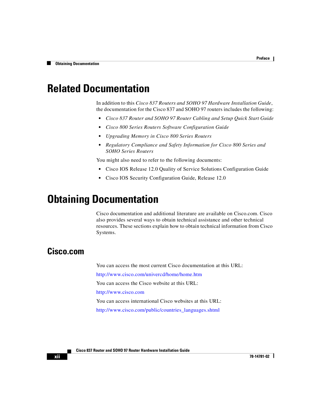 Cisco Systems Cisco 837 manual Related Documentation, Obtaining Documentation, Cisco.com 