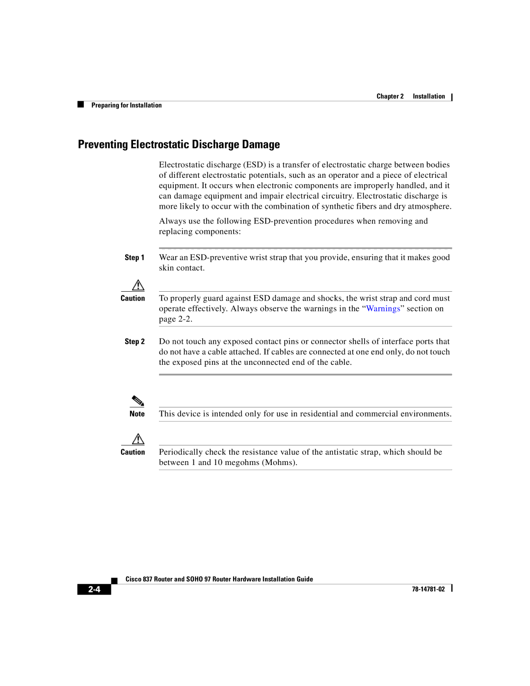 Cisco Systems Cisco 837 manual Preventing Electrostatic Discharge Damage 