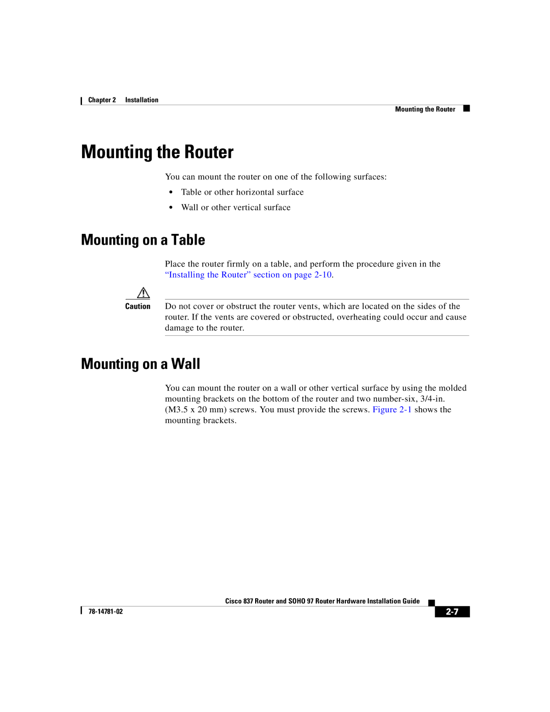 Cisco Systems Cisco 837 manual Mounting the Router, Mounting on a Table, Mounting on a Wall 