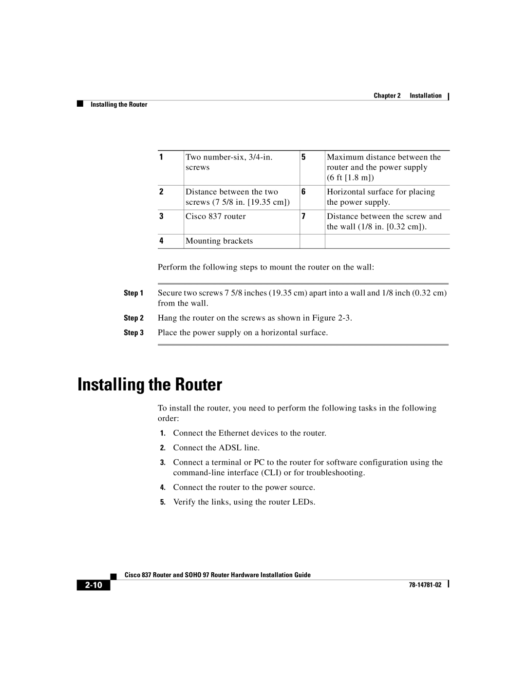 Cisco Systems Cisco 837 manual Installing the Router 