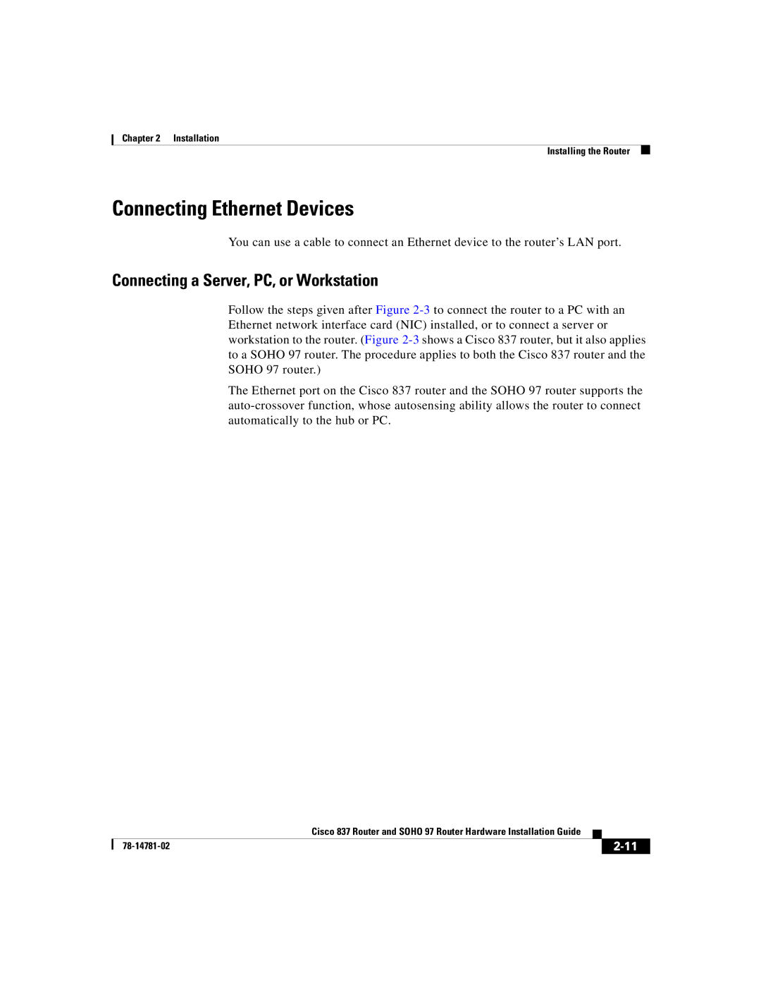 Cisco Systems Cisco 837 manual Connecting Ethernet Devices, Connecting a Server, PC, or Workstation 