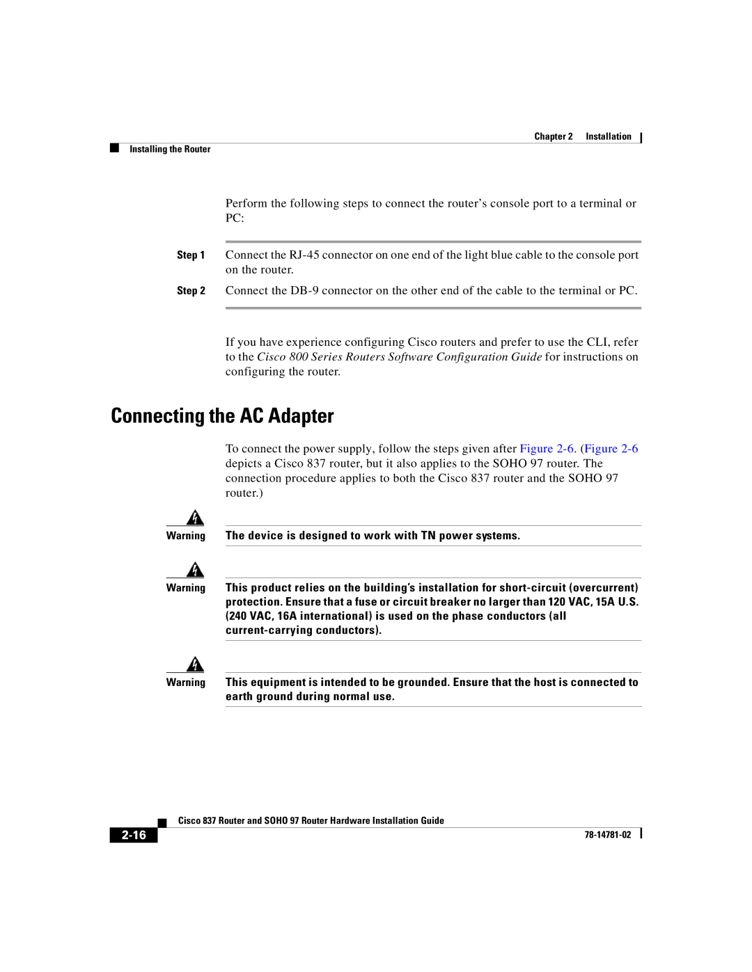 Cisco Systems Cisco 837 manual Connecting the AC Adapter 