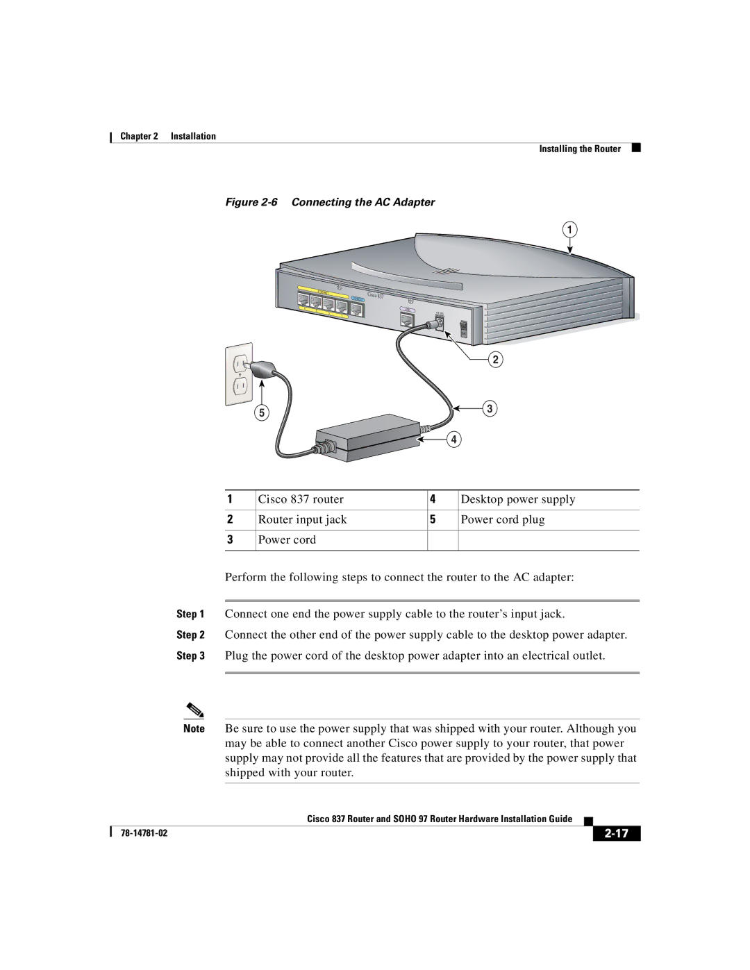 Cisco Systems Cisco 837 manual Connecting the AC Adapter 