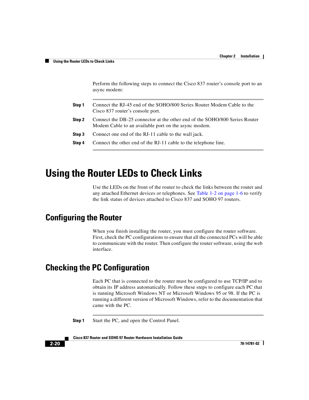 Cisco Systems Cisco 837 manual Using the Router LEDs to Check Links, Configuring the Router, Checking the PC Configuration 