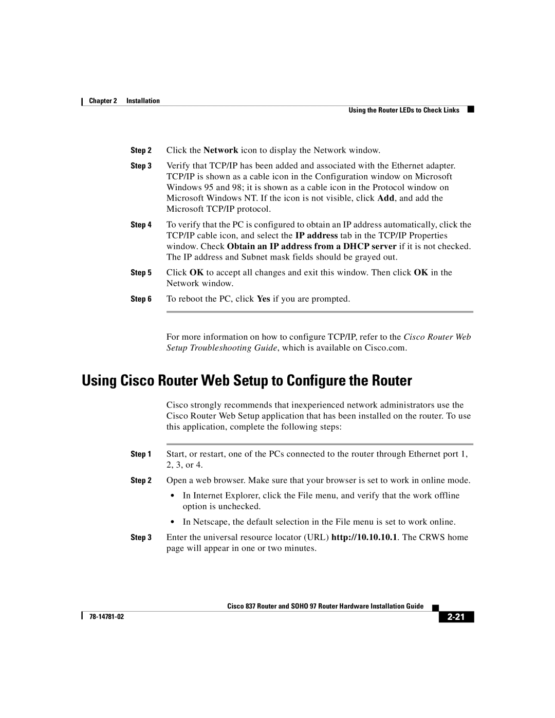 Cisco Systems Cisco 837 manual Using Cisco Router Web Setup to Configure the Router 