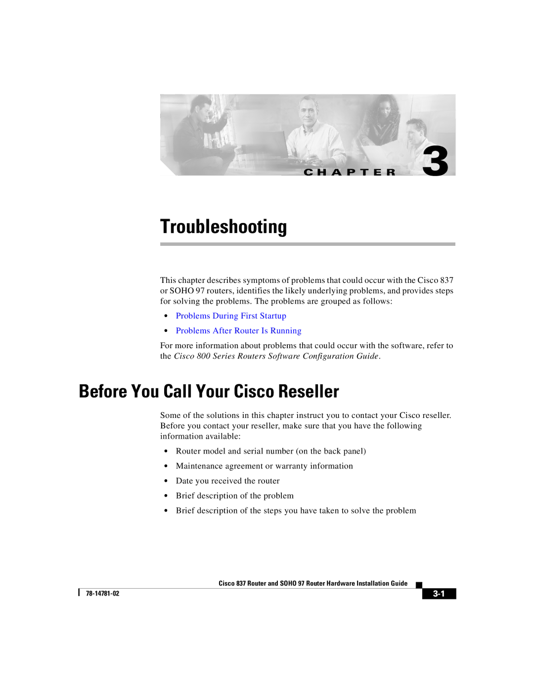 Cisco Systems Cisco 837 manual Troubleshooting, Before You Call Your Cisco Reseller 