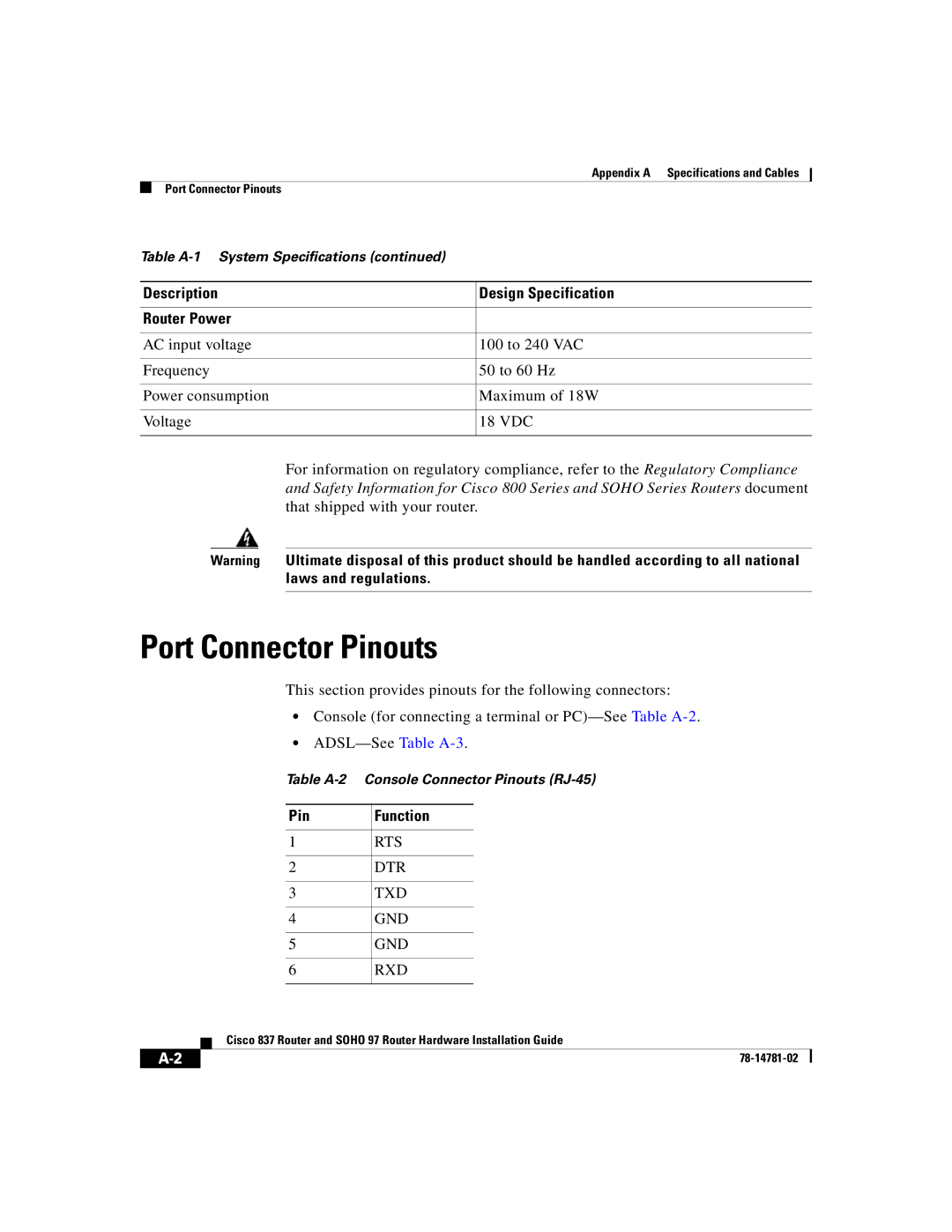 Cisco Systems Cisco 837 manual Port Connector Pinouts, Description Design Specification Router Power 