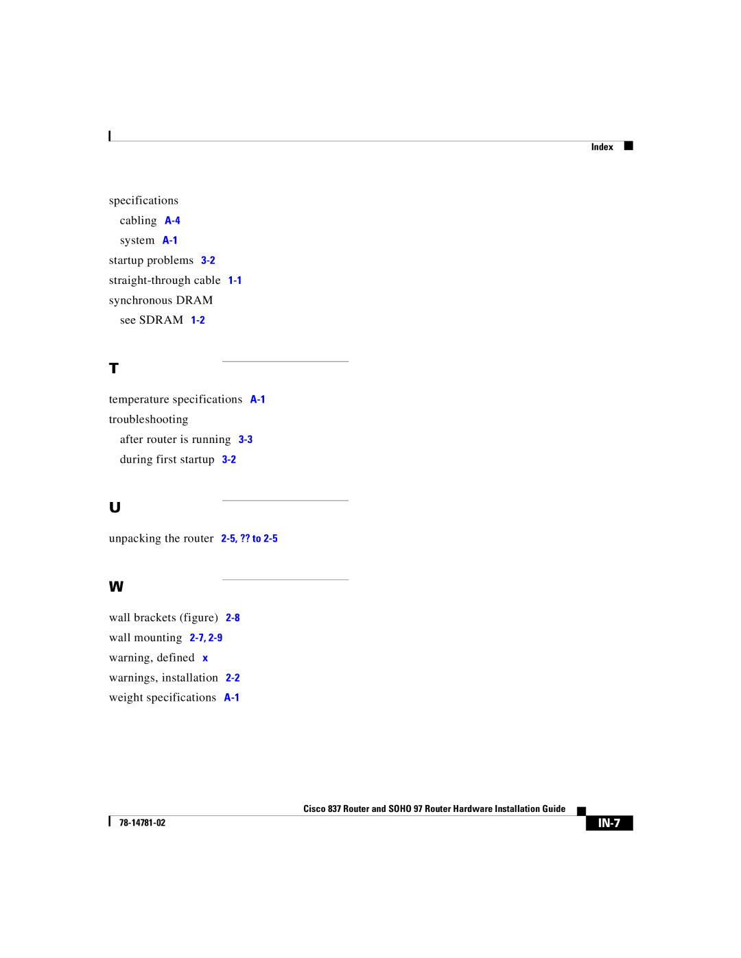 Cisco Systems Cisco 837 manual IN-7 