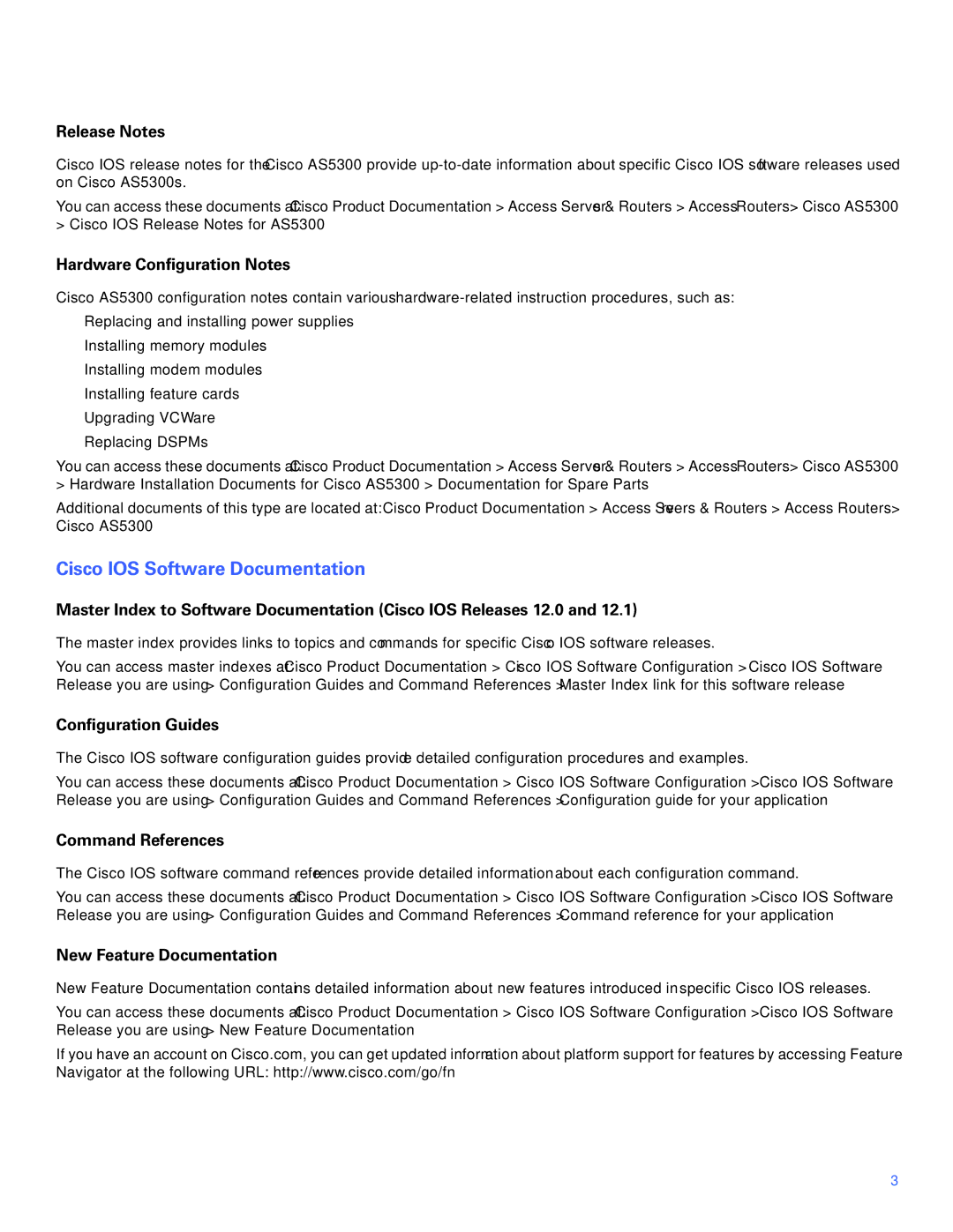 Cisco Systems Cisco AS5300 manual Cisco IOS Software Documentation, Release Notes 