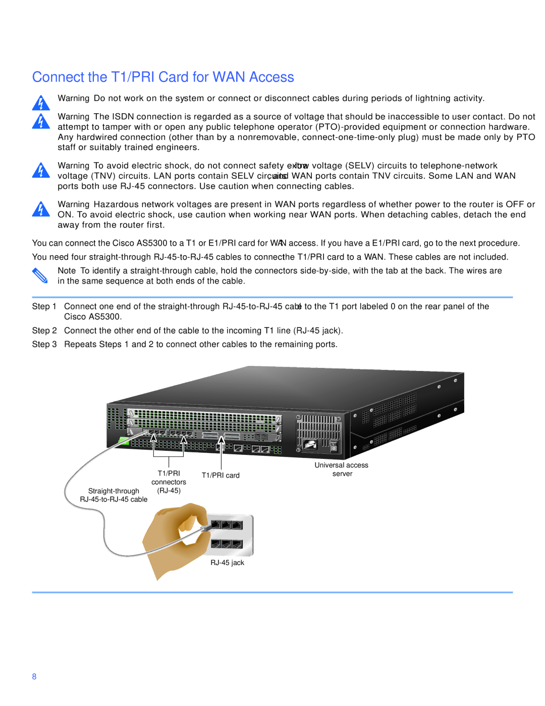 Cisco Systems Cisco AS5300 manual Connect the T1/PRI Card for WAN Access 