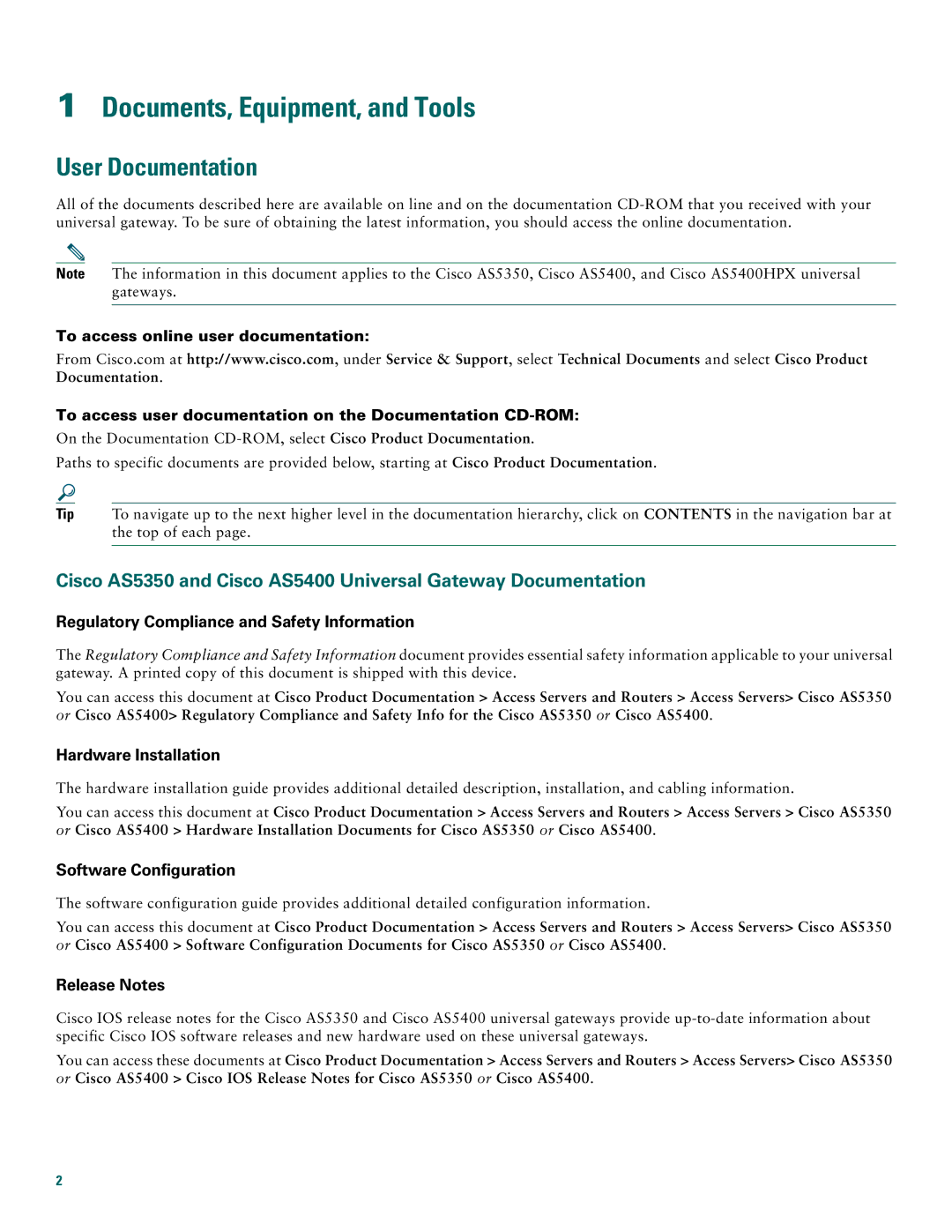 Cisco Systems Cisco AS5400, Cisco AS5350 quick start Documents, Equipment, and Tools, User Documentation 