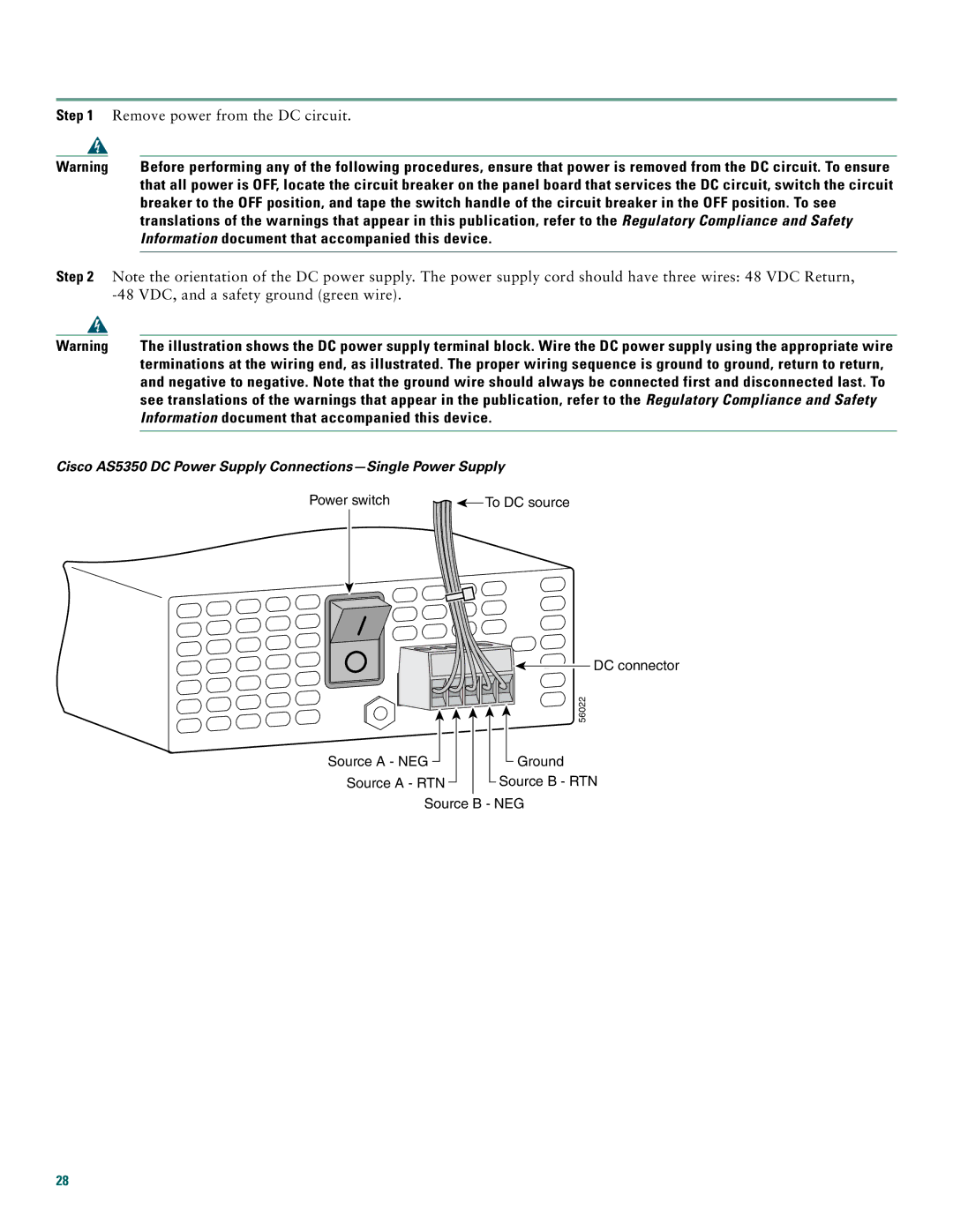 Cisco Systems Cisco AS5400, Cisco AS5350 quick start Remove power from the DC circuit 