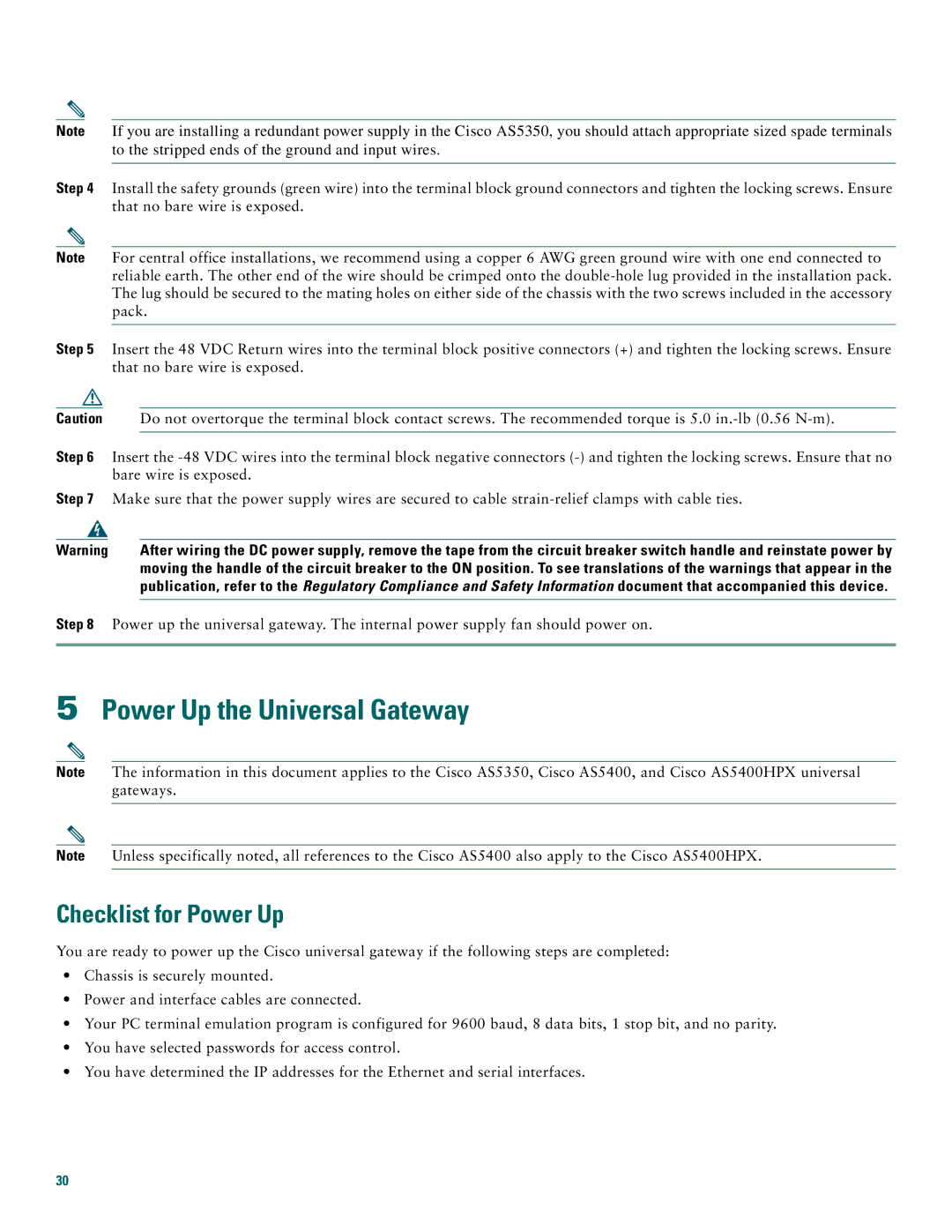 Cisco Systems Cisco AS5400, Cisco AS5350 quick start Power Up the Universal Gateway, Checklist for Power Up 