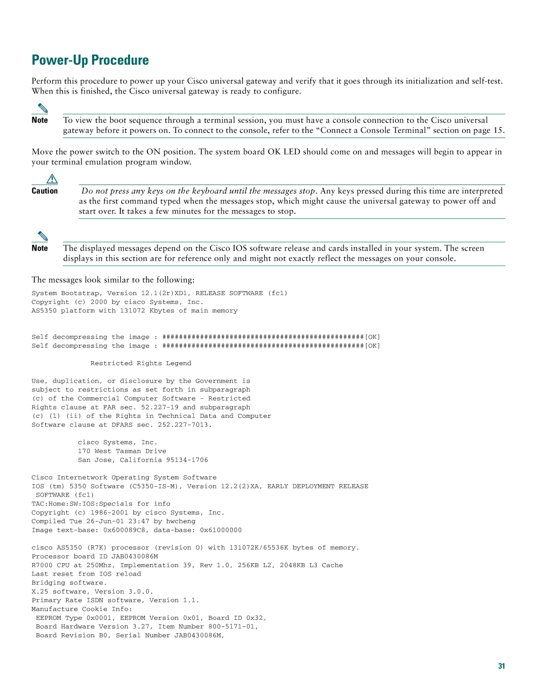 Cisco Systems Cisco AS5350, Cisco AS5400 quick start Power-Up Procedure 