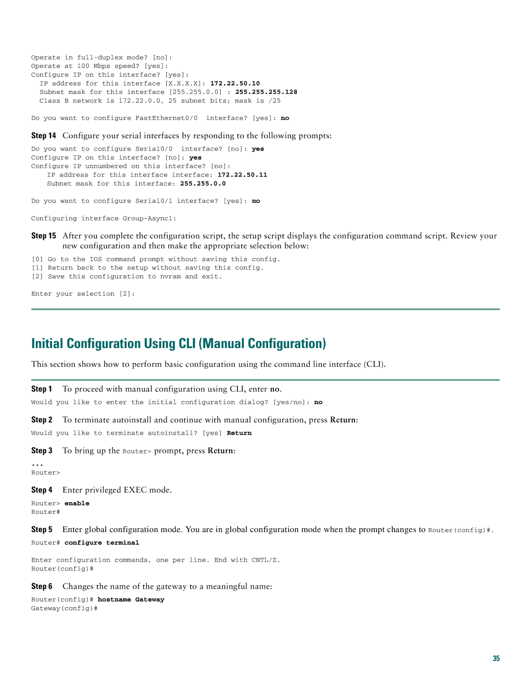 Cisco Systems Cisco AS5350, Cisco AS5400 Initial Configuration Using CLI Manual Configuration, Router# configure terminal 