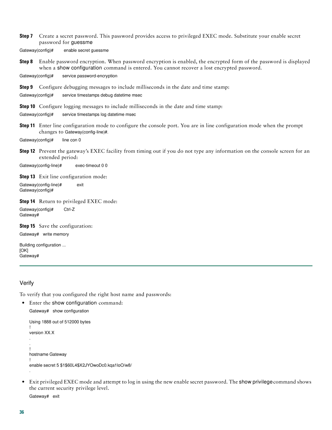 Cisco Systems Cisco AS5400, Cisco AS5350 Gatewayconfig# enable secret guessme, Gatewayconfig# service password-encryption 