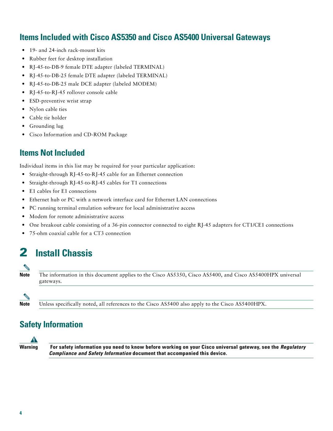 Cisco Systems Cisco AS5400, Cisco AS5350 quick start Install Chassis, Items Not Included, Safety Information 