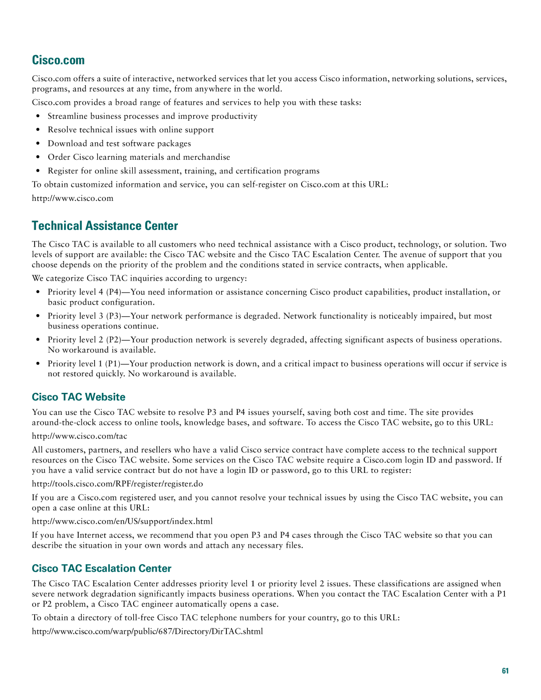 Cisco Systems Cisco AS5350, Cisco AS5400 quick start Cisco TAC Website, Cisco TAC Escalation Center 