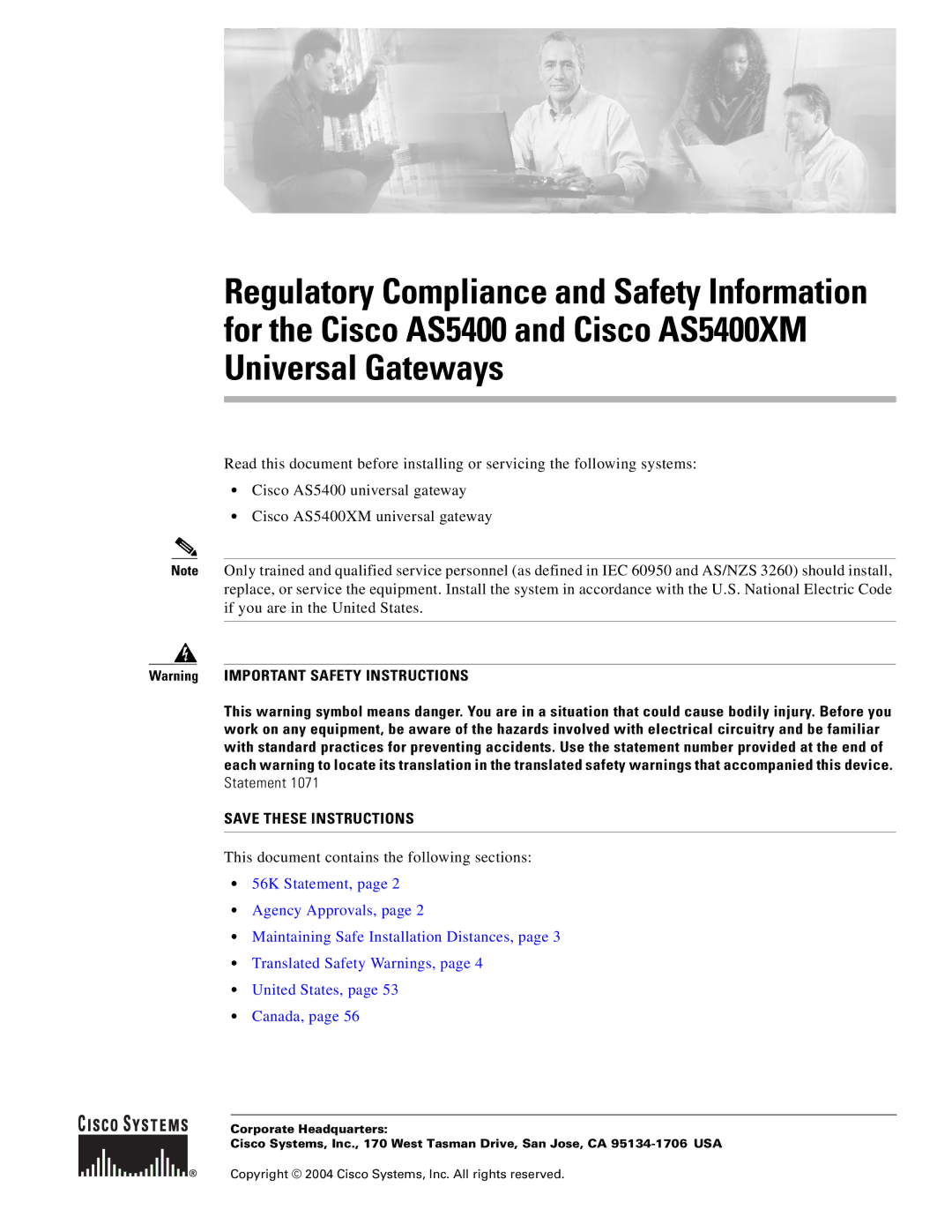 Cisco Systems Cisco AS5400XM important safety instructions This document contains the following sections 