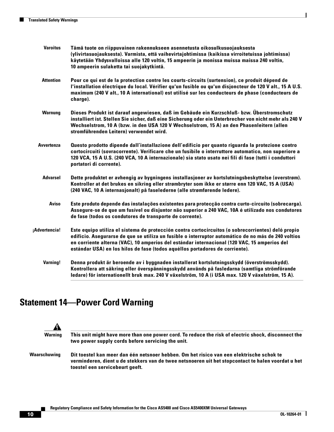 Cisco Systems Cisco AS5400XM important safety instructions Statement 14-Power Cord Warning 