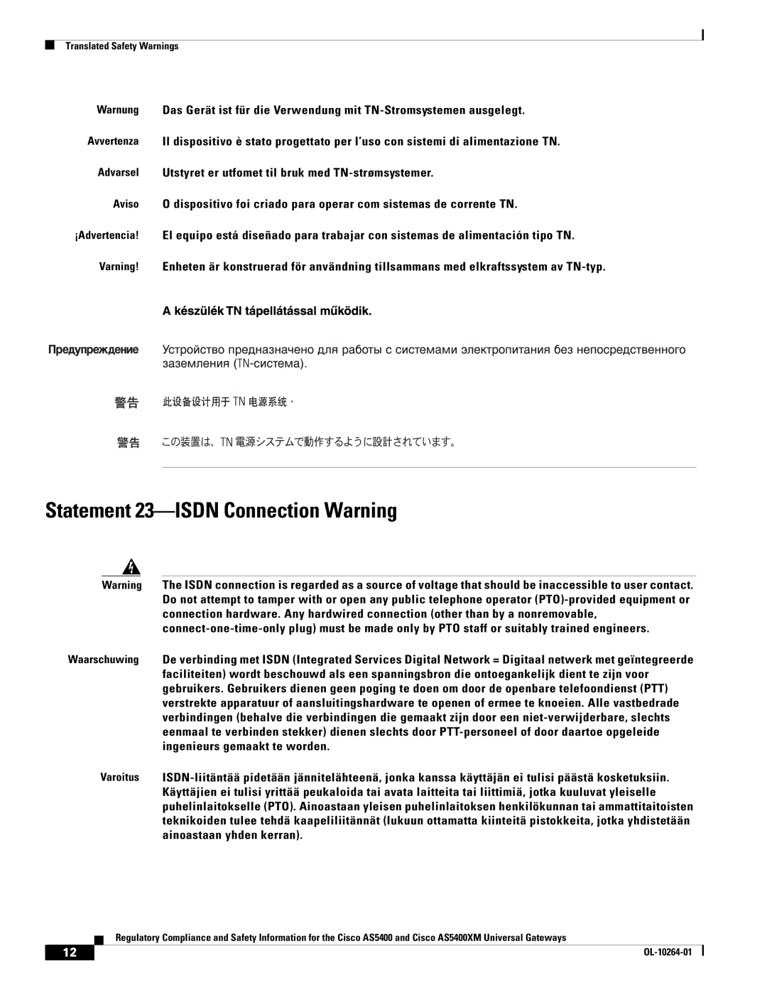 Cisco Systems Cisco AS5400XM important safety instructions Statement 23-ISDN Connection Warning 