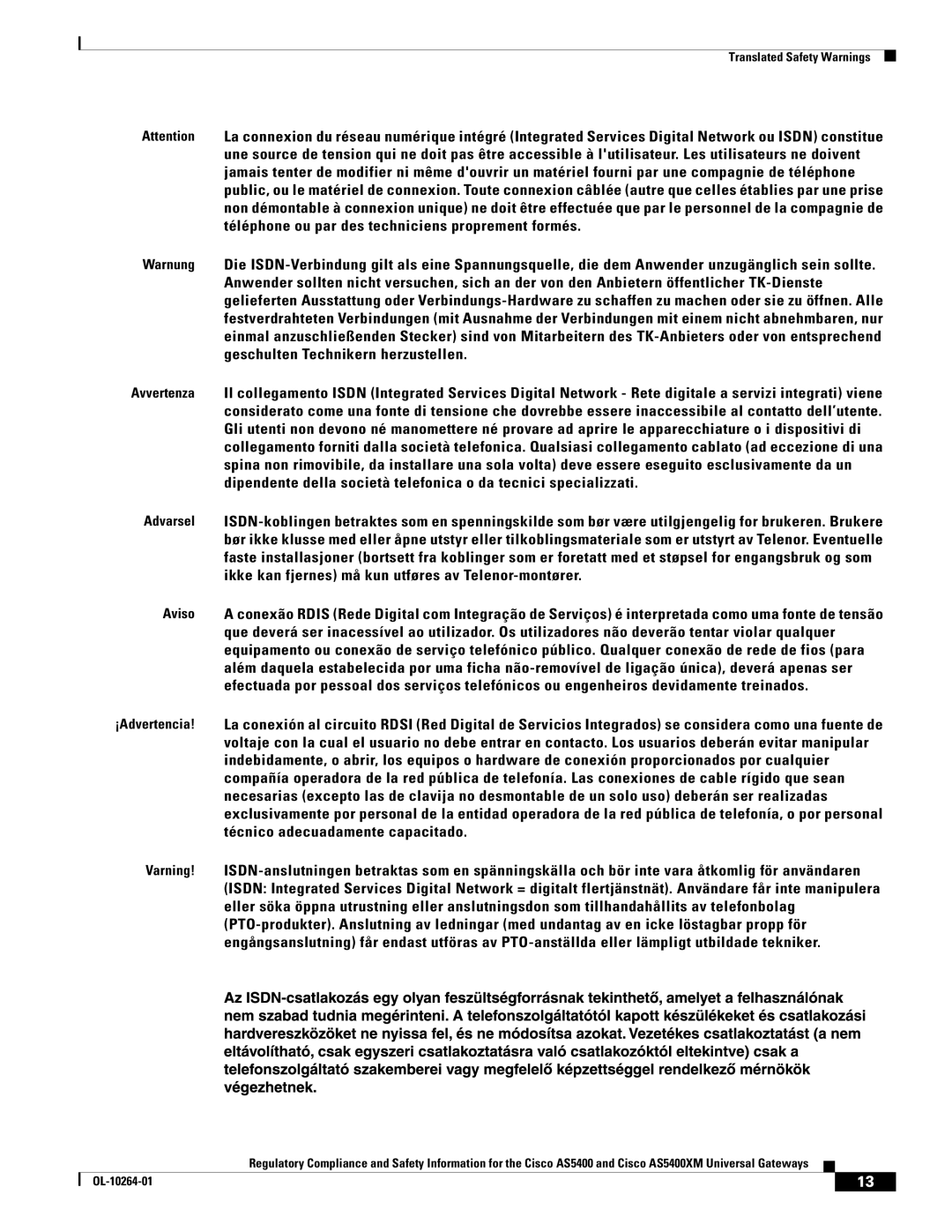 Cisco Systems Cisco AS5400XM important safety instructions Translated Safety Warnings 