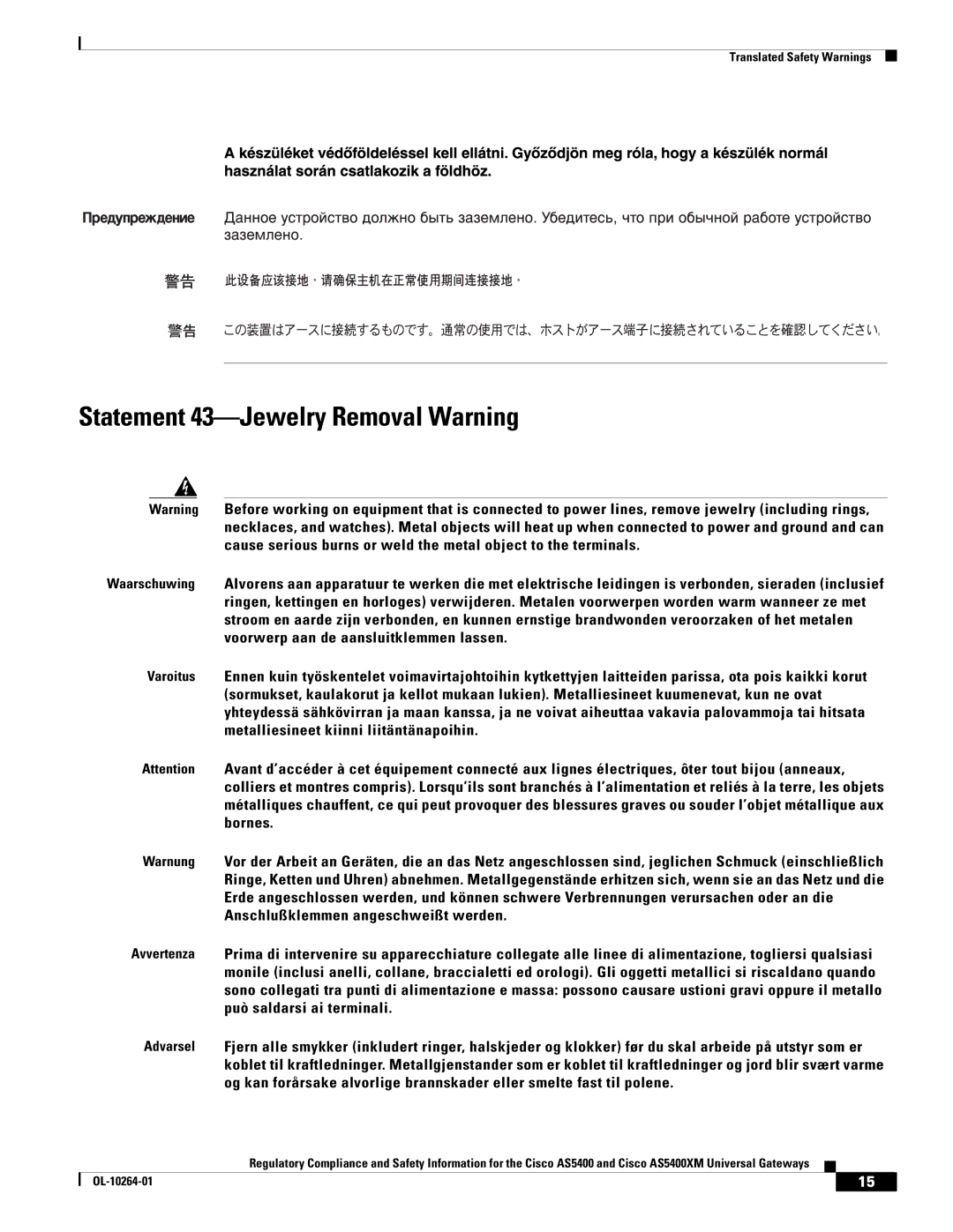 Cisco Systems Cisco AS5400XM important safety instructions Statement 43-Jewelry Removal Warning 