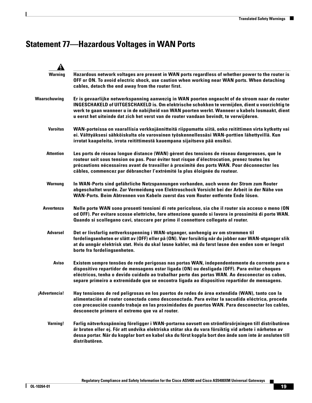 Cisco Systems Cisco AS5400XM important safety instructions Statement 77-Hazardous Voltages in WAN Ports 