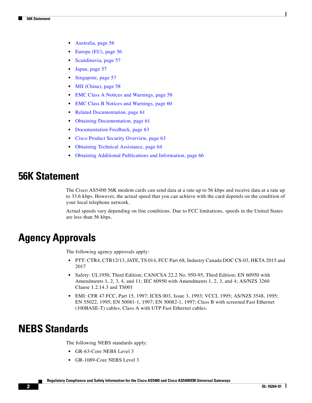 Cisco Systems Cisco AS5400XM important safety instructions 56K Statement, Agency Approvals, Nebs Standards 