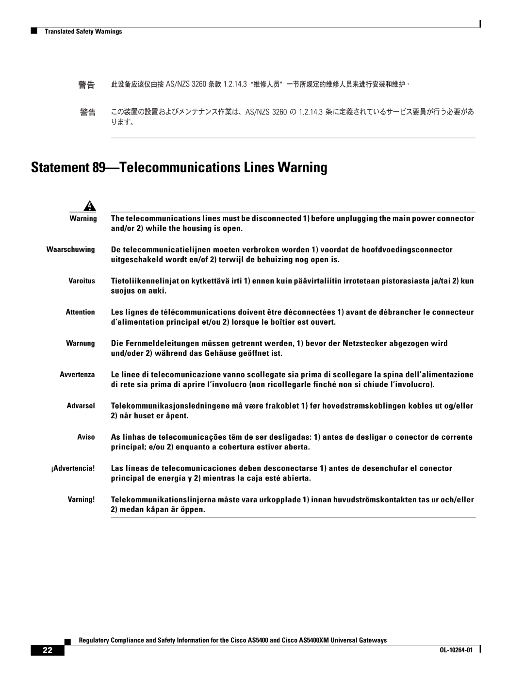 Cisco Systems Cisco AS5400XM important safety instructions Statement 89-Telecommunications Lines Warning 