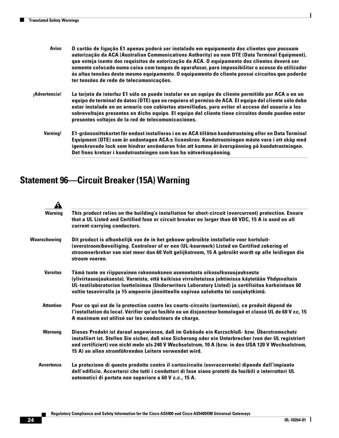 Cisco Systems Cisco AS5400XM important safety instructions Statement 96-Circuit Breaker 15A Warning 