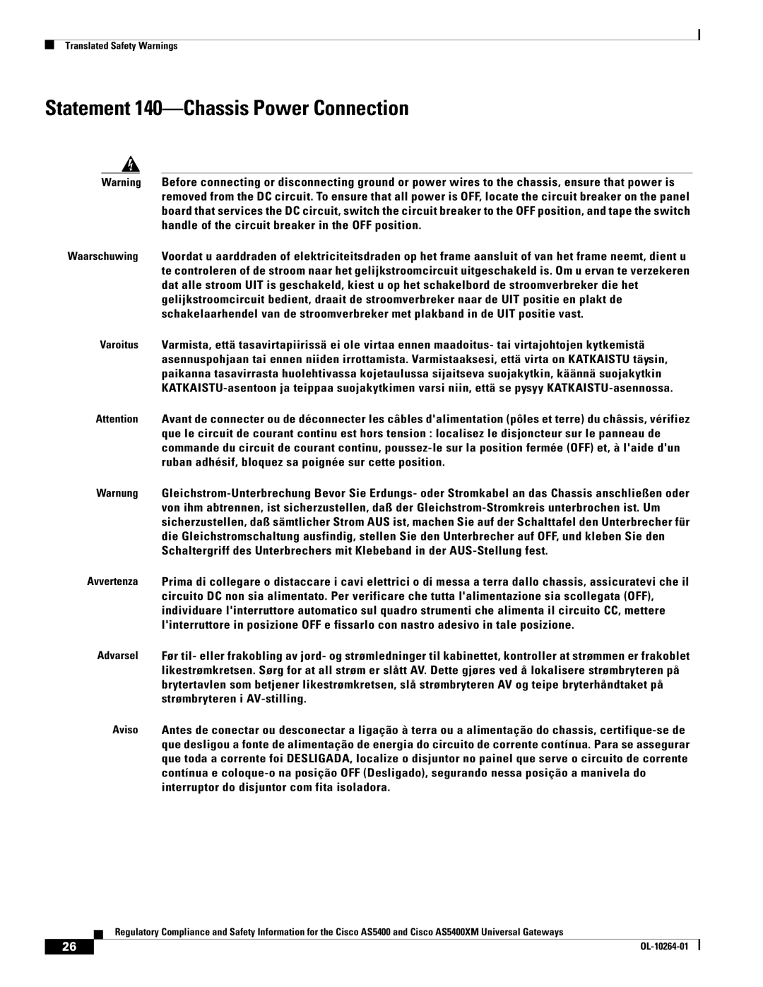 Cisco Systems Cisco AS5400XM important safety instructions Statement 140-Chassis Power Connection 