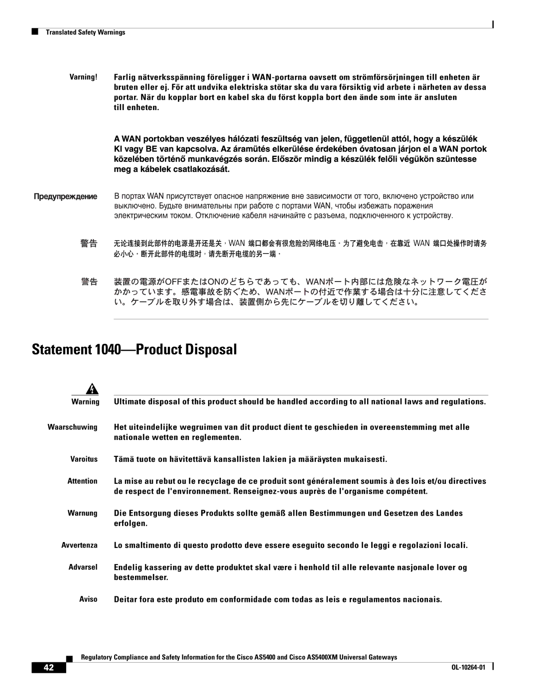 Cisco Systems Cisco AS5400XM important safety instructions Statement 1040-Product Disposal 