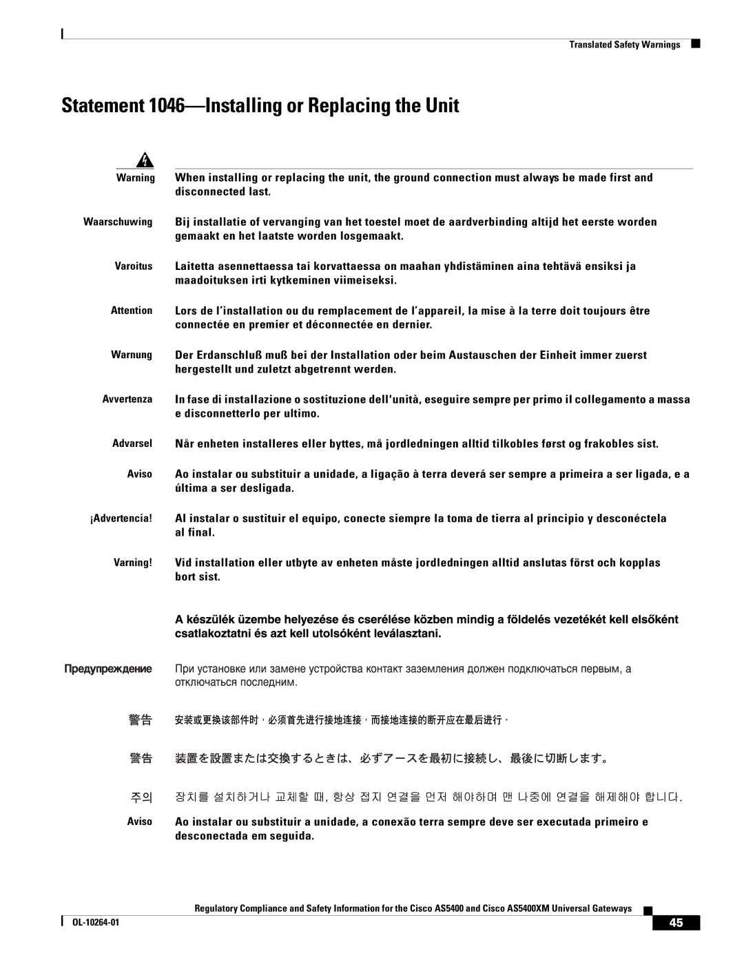 Cisco Systems Cisco AS5400XM important safety instructions Statement 1046-Installing or Replacing the Unit 