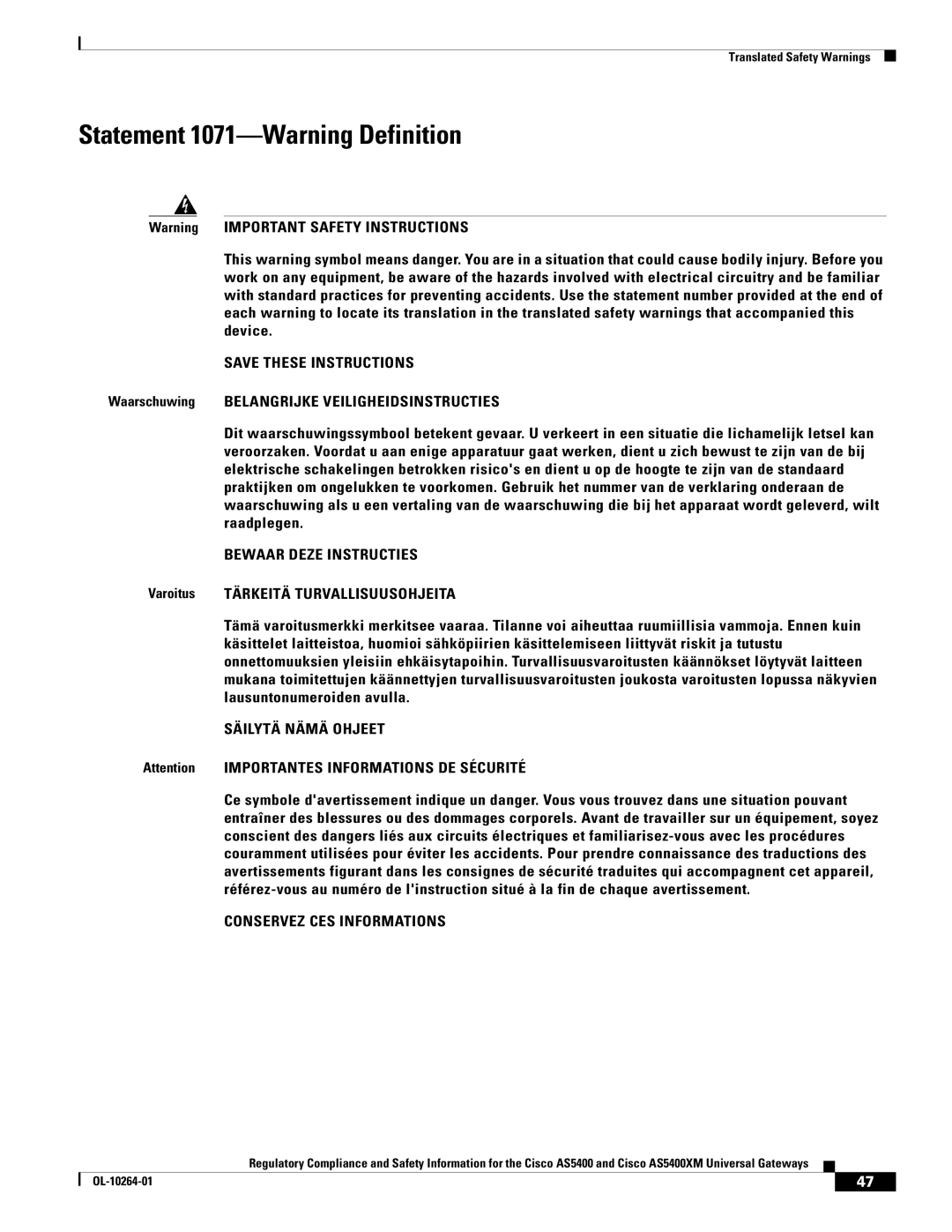 Cisco Systems Cisco AS5400XM important safety instructions Statement 1071-Warning Definition, Bewaar Deze Instructies 