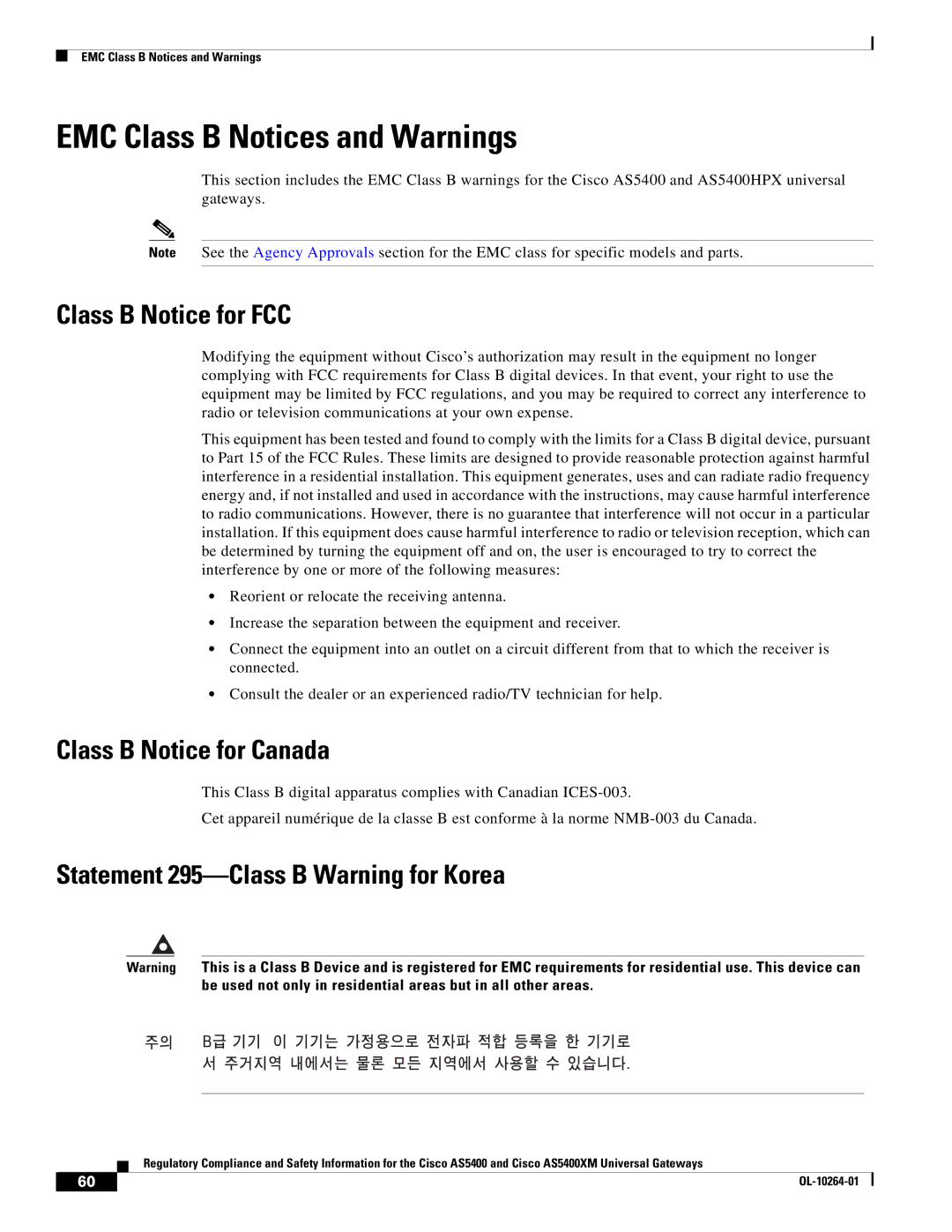 Cisco Systems Cisco AS5400XM EMC Class B Notices and Warnings, Class B Notice for FCC, Class B Notice for Canada 