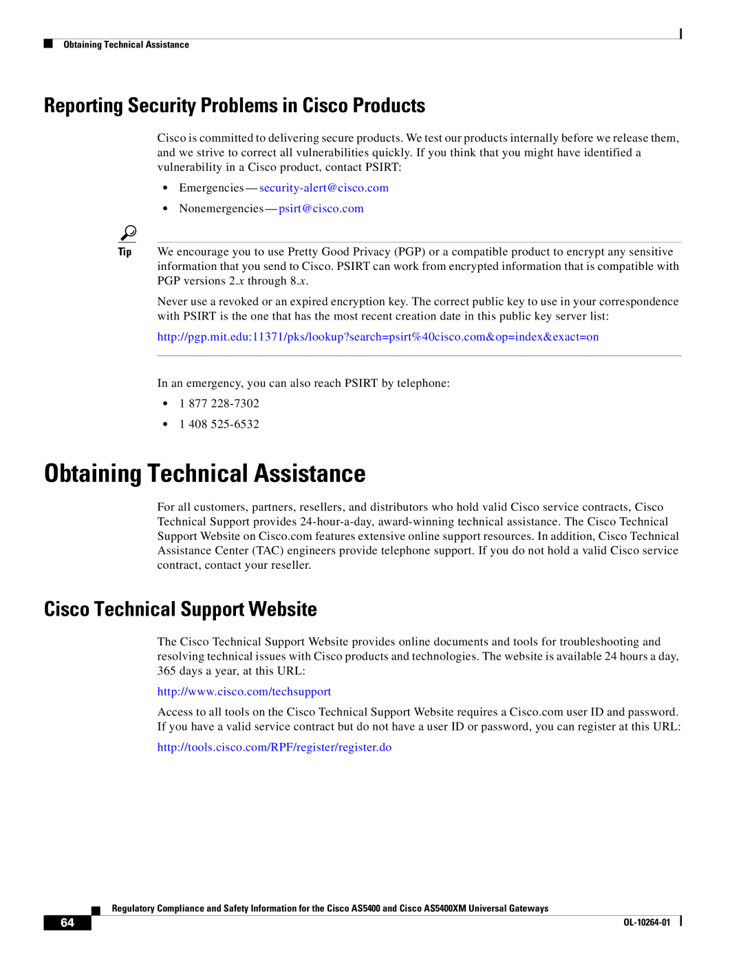 Cisco Systems Cisco AS5400XM Obtaining Technical Assistance, Reporting Security Problems in Cisco Products 