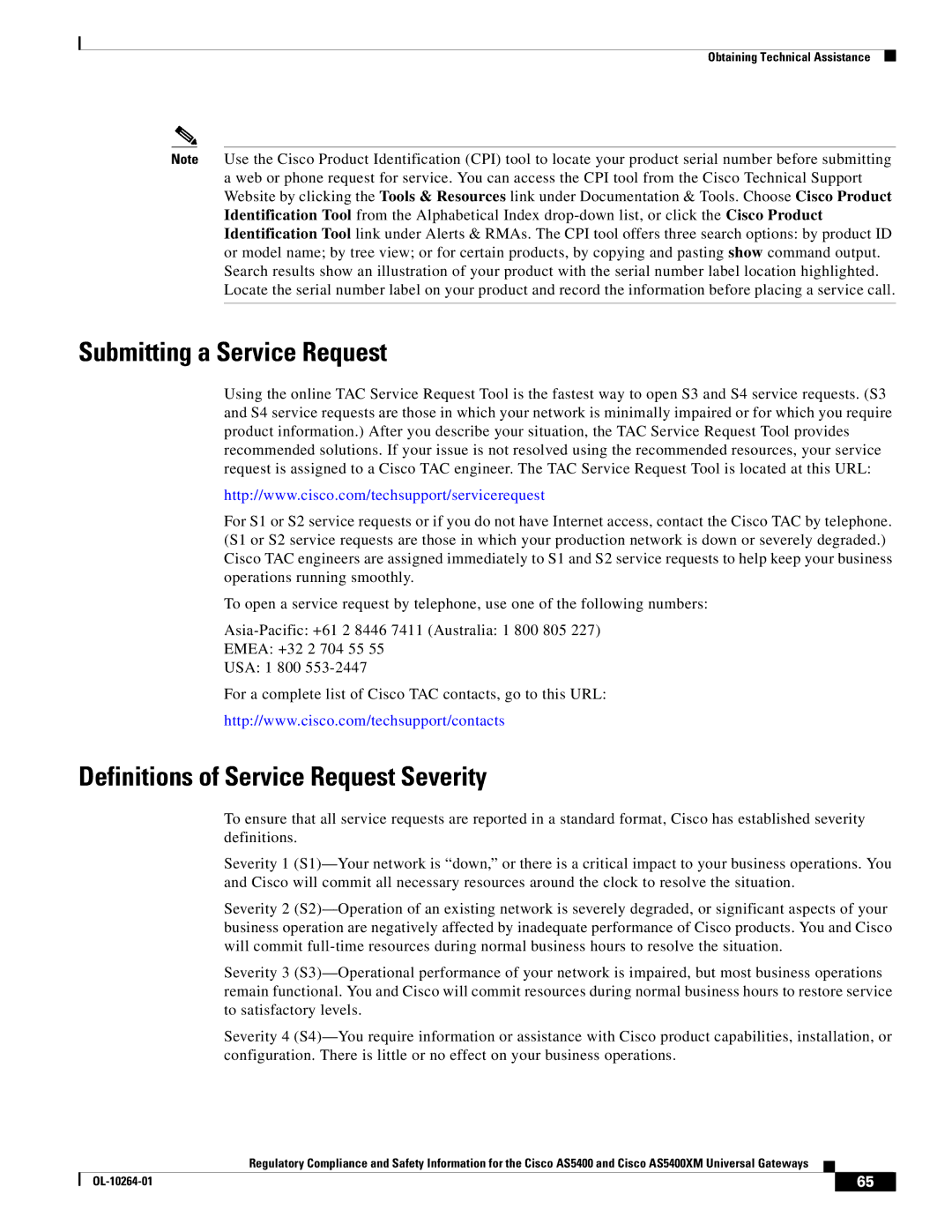 Cisco Systems Cisco AS5400XM Submitting a Service Request, Definitions of Service Request Severity 