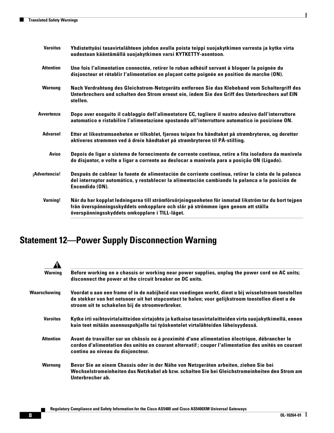 Cisco Systems Cisco AS5400XM important safety instructions Statement 12-Power Supply Disconnection Warning 