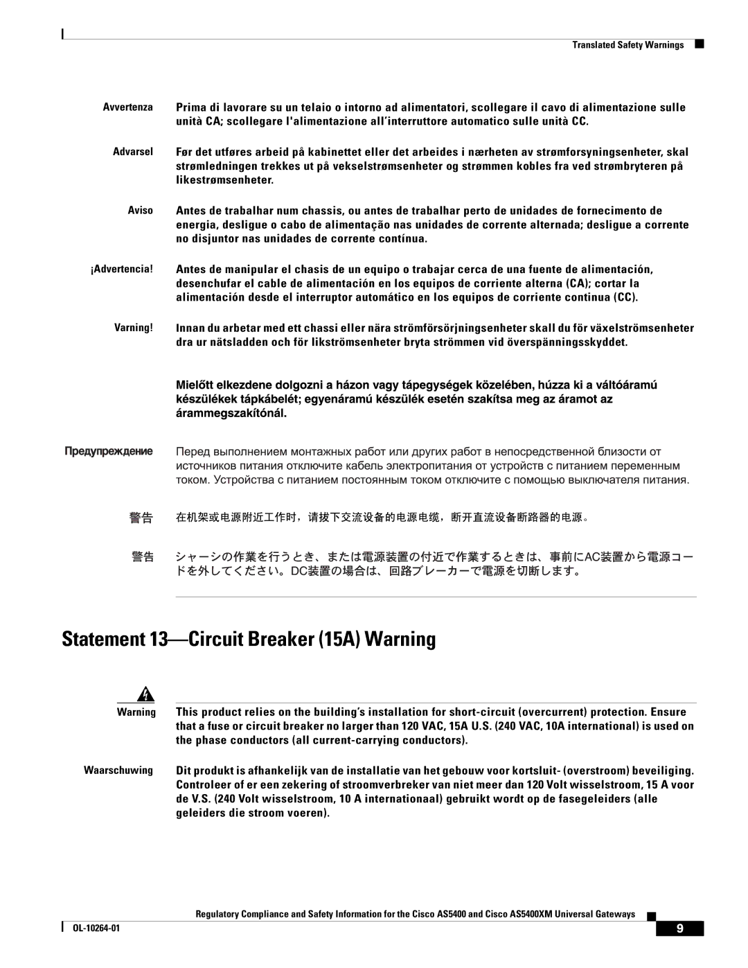 Cisco Systems Cisco AS5400XM important safety instructions Statement 13-Circuit Breaker 15A Warning 