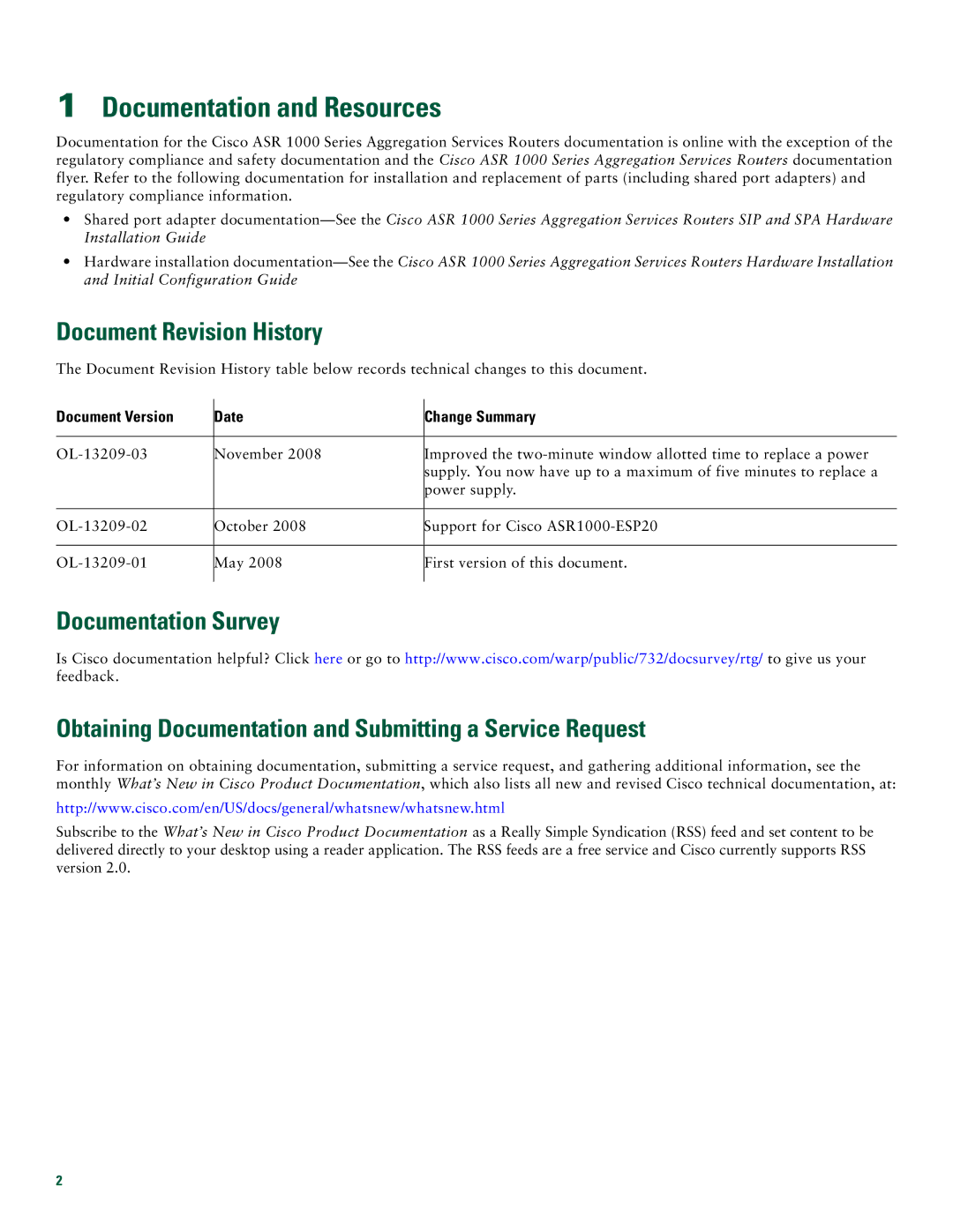 Cisco Systems Cisco ASR 1006 quick start Documentation and Resources, Document Revision History 