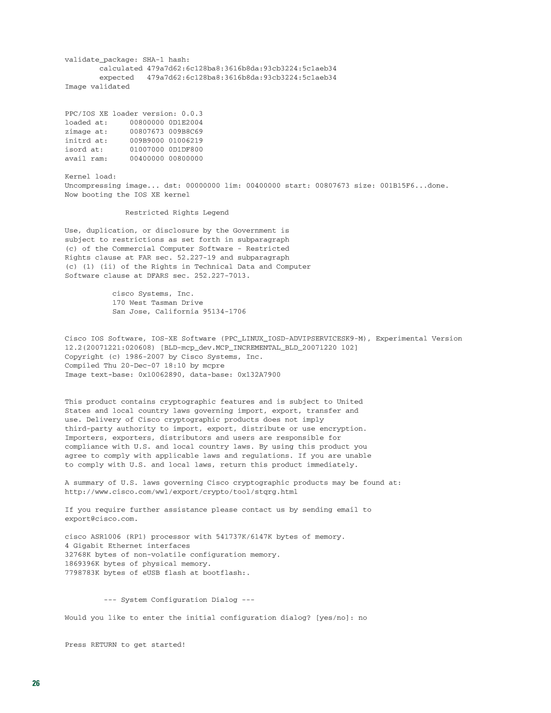 Cisco Systems Cisco ASR 1006 quick start Validatepackage SHA-1 hash 