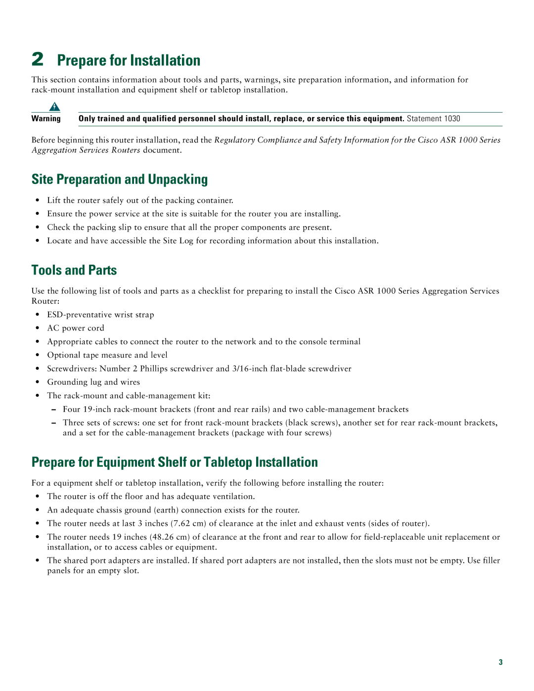 Cisco Systems Cisco ASR 1006 quick start Prepare for Installation, Site Preparation and Unpacking, Tools and Parts 